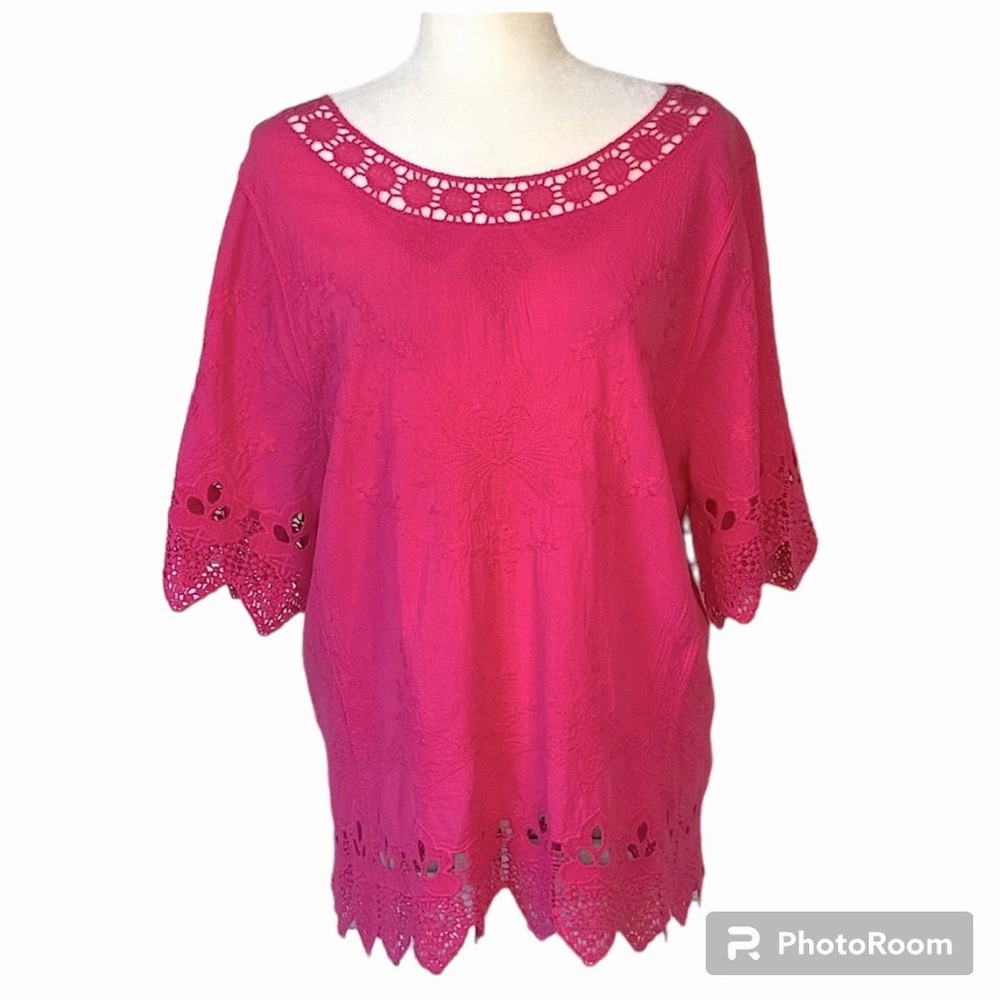 PLUS SIZE TOP IN PINK, COTTON W/ LACE AND EMBROIDERY